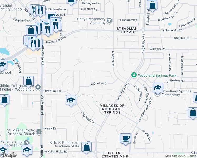 map of restaurants, bars, coffee shops, grocery stores, and more near 5120 Holly Hock Lane in Fort Worth
