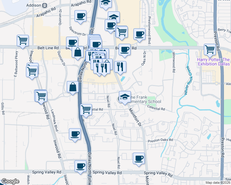 map of restaurants, bars, coffee shops, grocery stores, and more near 5255 Verde Valley Lane in Dallas