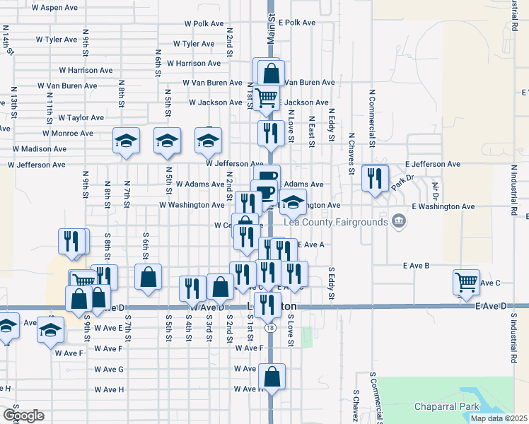map of restaurants, bars, coffee shops, grocery stores, and more near 100-198 North Main Avenue in Lovington