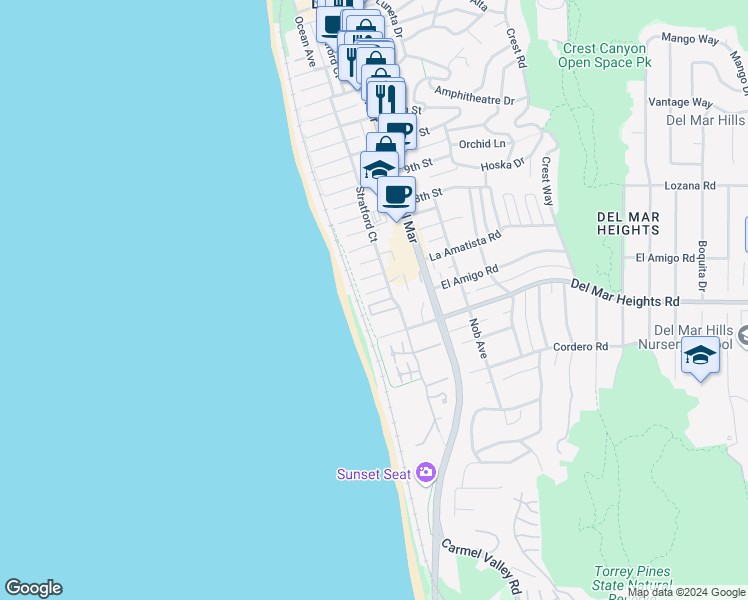 map of restaurants, bars, coffee shops, grocery stores, and more near 111 Sea Cliff Way in Del Mar