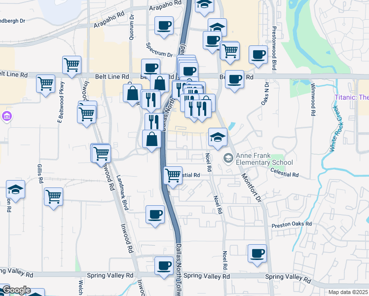 map of restaurants, bars, coffee shops, grocery stores, and more near 5149 Verde Valley Lane in Dallas