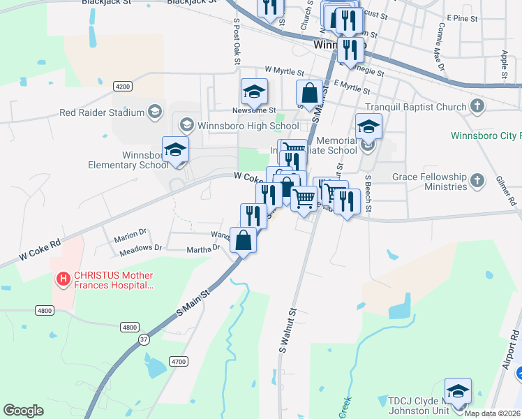map of restaurants, bars, coffee shops, grocery stores, and more near 808 South Main Street in Winnsboro