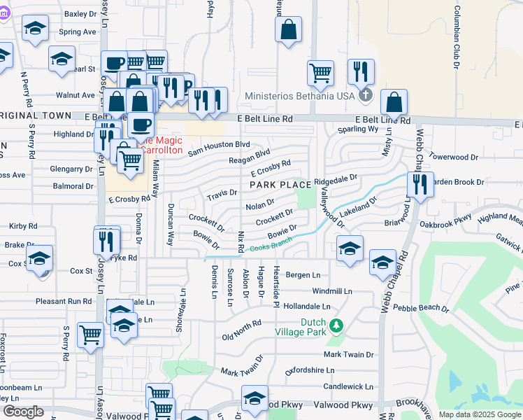 map of restaurants, bars, coffee shops, grocery stores, and more near 2210 Nolan Dr in Carrollton