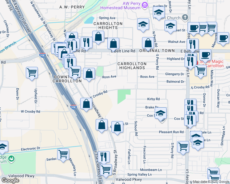 map of restaurants, bars, coffee shops, grocery stores, and more near 1402 Fannidella Drive in Carrollton