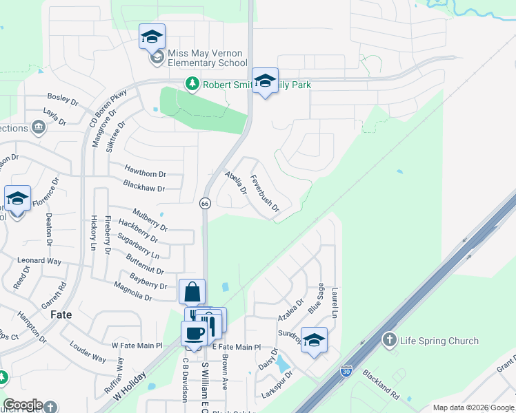 map of restaurants, bars, coffee shops, grocery stores, and more near 113 Feverbush Drive in Rockwall