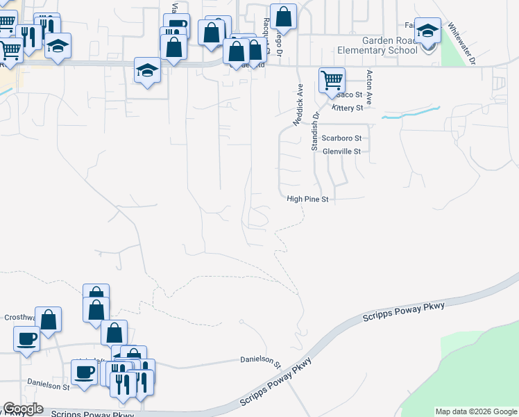 map of restaurants, bars, coffee shops, grocery stores, and more near 12671 Claire Drive in Poway