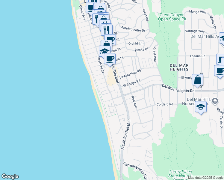 map of restaurants, bars, coffee shops, grocery stores, and more near 501 Stratford Court in Del Mar