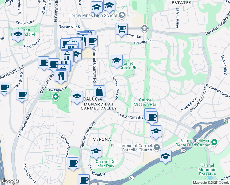 map of restaurants, bars, coffee shops, grocery stores, and more near 12769 Via Terceto in San Diego