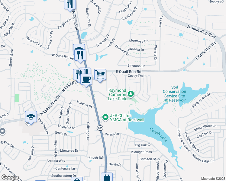map of restaurants, bars, coffee shops, grocery stores, and more near 126 Bob White Court in Rockwall