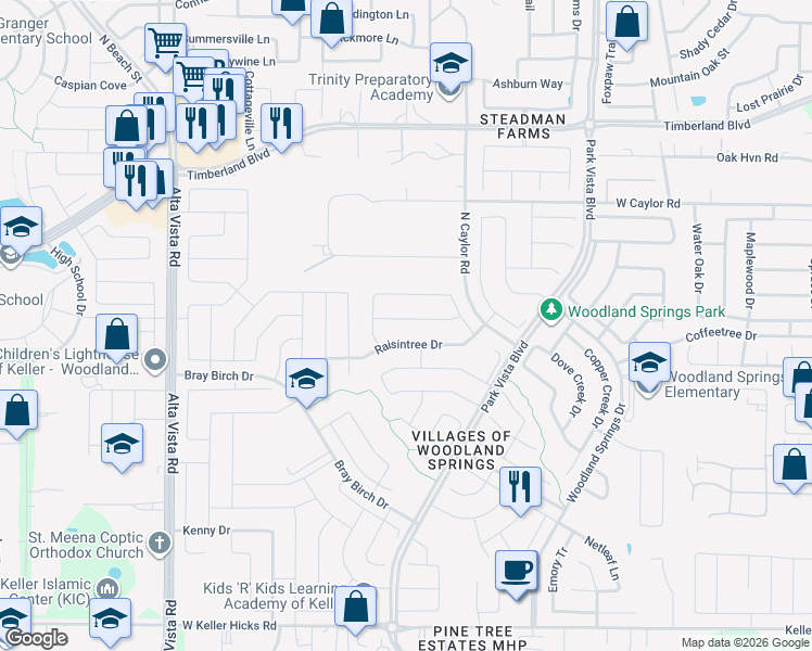 map of restaurants, bars, coffee shops, grocery stores, and more near 5120 Holly Hock Lane in Fort Worth
