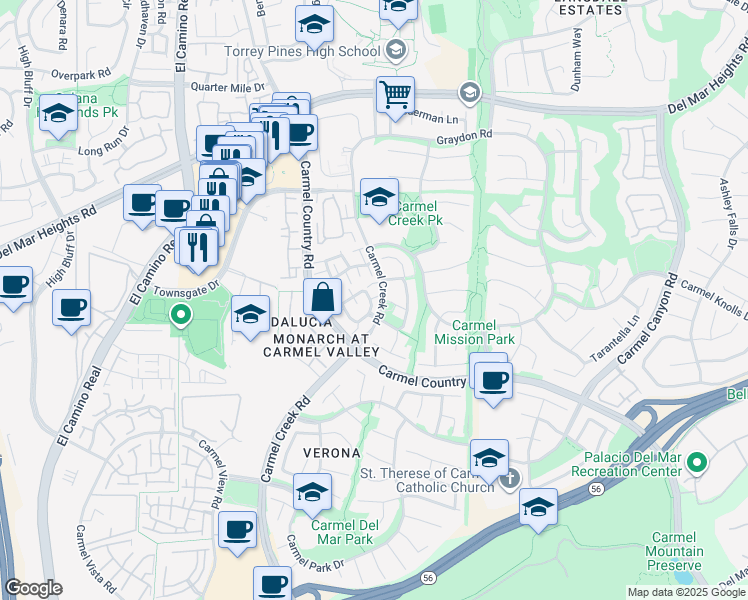 map of restaurants, bars, coffee shops, grocery stores, and more near 12769 Via Terceto in San Diego