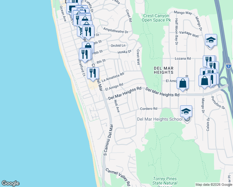 map of restaurants, bars, coffee shops, grocery stores, and more near 2112 Del Mar Heights Road in Del Mar
