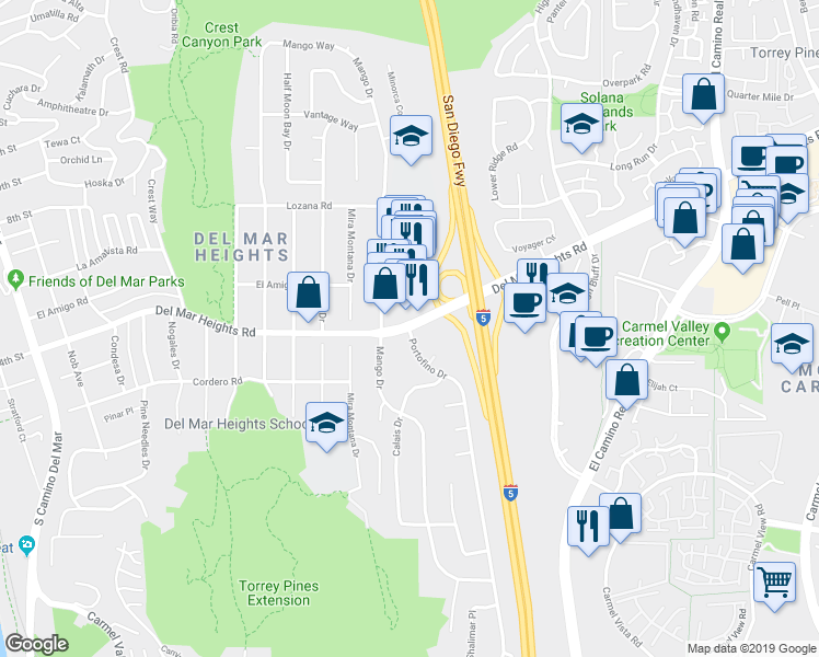 map of restaurants, bars, coffee shops, grocery stores, and more near Del Mar Heights Rd & Portofino Dr in San Diego
