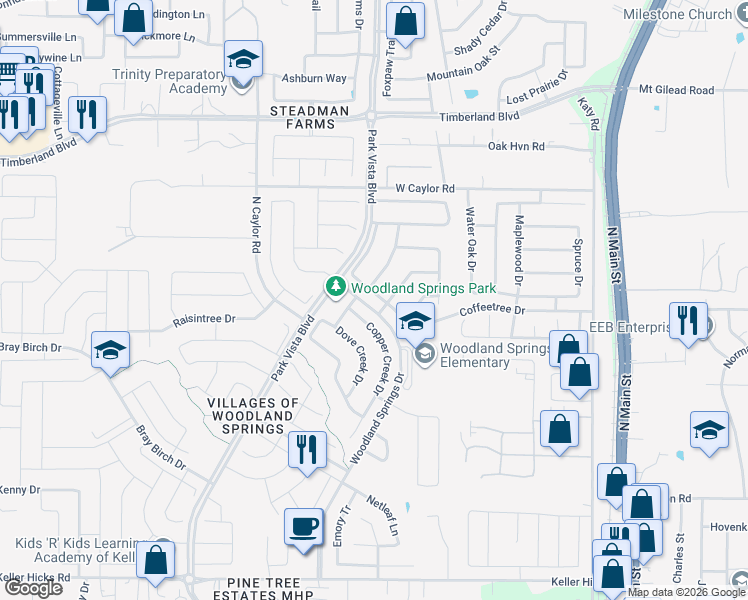 map of restaurants, bars, coffee shops, grocery stores, and more near 5320 White Willow Drive in Fort Worth