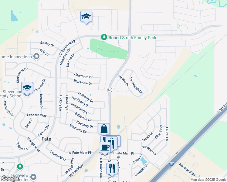 map of restaurants, bars, coffee shops, grocery stores, and more near 203 Citrus Drive in Royse City