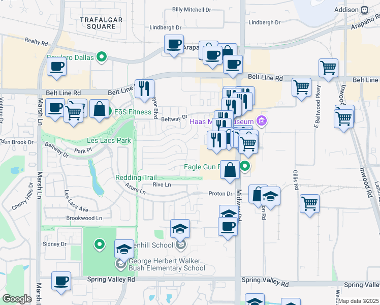 map of restaurants, bars, coffee shops, grocery stores, and more near 4100 Pokolodi Circle in Addison