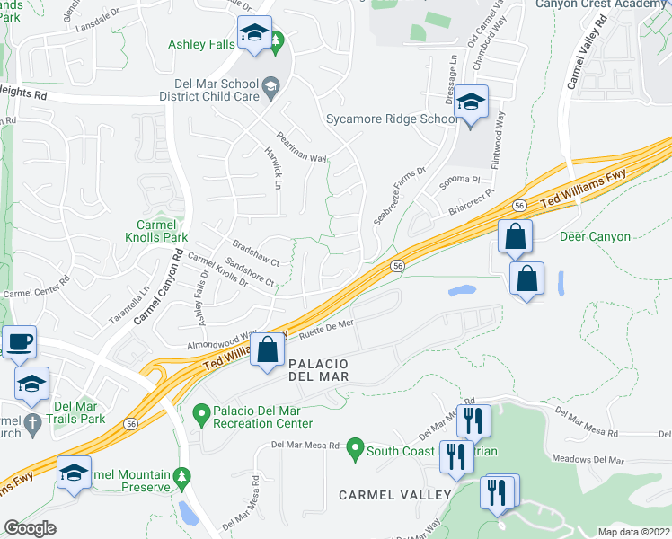 map of restaurants, bars, coffee shops, grocery stores, and more near 5148 Vail Creek Court in San Diego