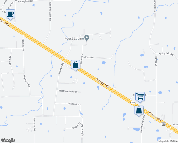map of restaurants, bars, coffee shops, grocery stores, and more near 1319 East Highway 199 in Springtown
