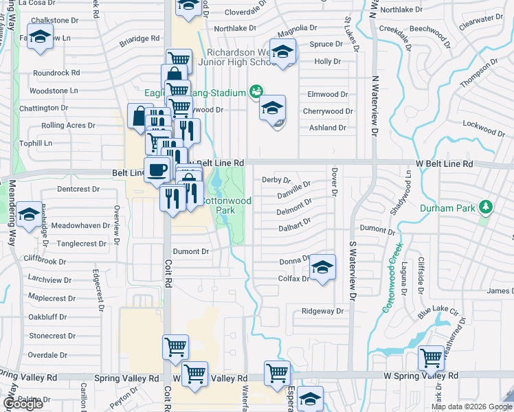map of restaurants, bars, coffee shops, grocery stores, and more near 305 Dublin Drive in Richardson