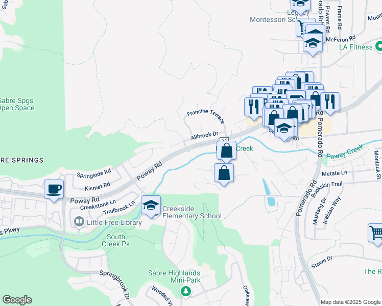 map of restaurants, bars, coffee shops, grocery stores, and more near 11875 Poway Road in Poway