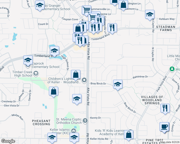 map of restaurants, bars, coffee shops, grocery stores, and more near 12137 Angelfood Lane in Fort Worth