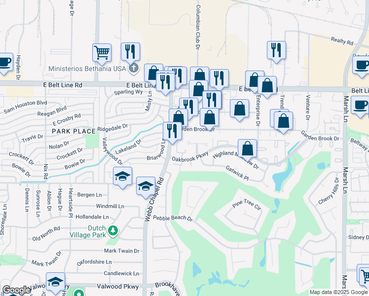 map of restaurants, bars, coffee shops, grocery stores, and more near 3165 Golden Oak Court in Farmers Branch