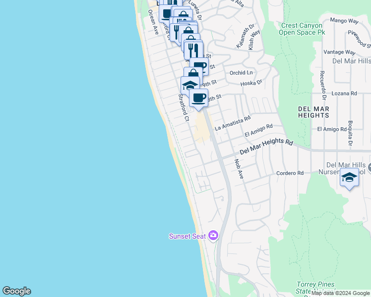 map of restaurants, bars, coffee shops, grocery stores, and more near 111 Sea Cliff Way in Del Mar