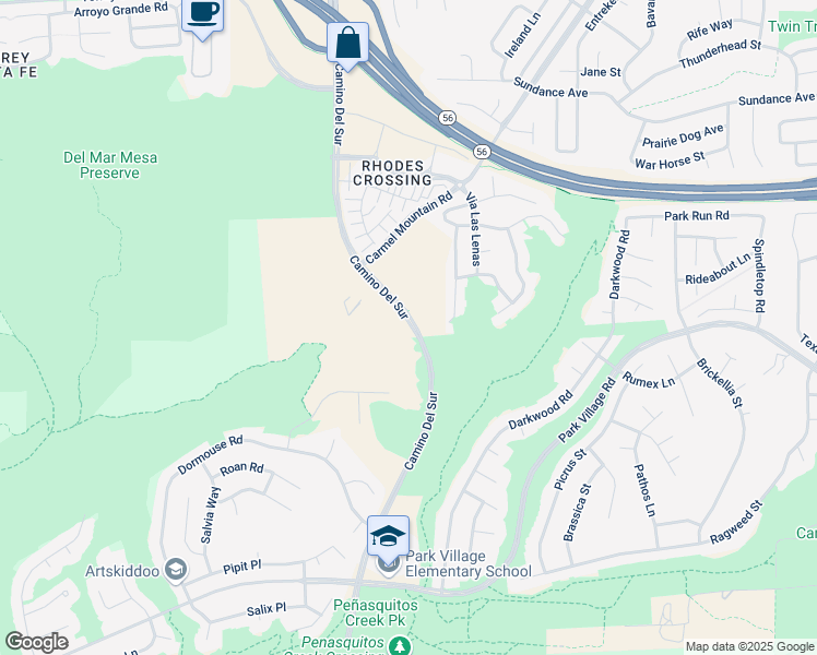 map of restaurants, bars, coffee shops, grocery stores, and more near Camino Del Sur in San Diego