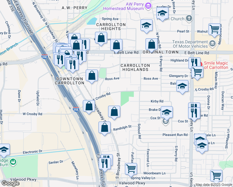 map of restaurants, bars, coffee shops, grocery stores, and more near 1402 Fannidella Drive in Carrollton