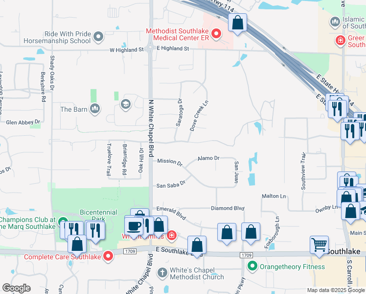 map of restaurants, bars, coffee shops, grocery stores, and more near 200 East Chapel Downs Drive in Southlake