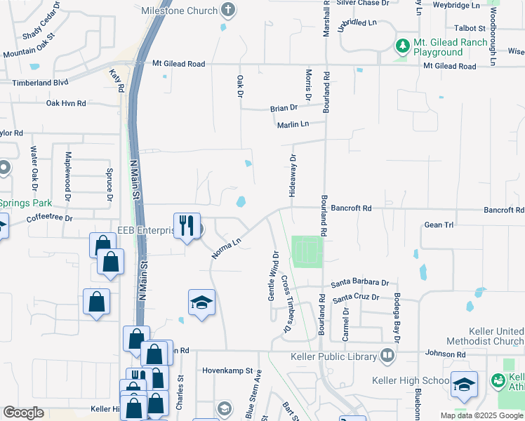 map of restaurants, bars, coffee shops, grocery stores, and more near 1000 Norma Lane in Keller