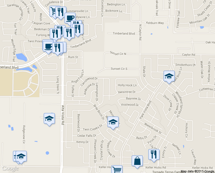 map of restaurants, bars, coffee shops, grocery stores, and more near 12204 Vienna Apple Road in Fort Worth