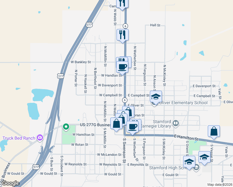 map of restaurants, bars, coffee shops, grocery stores, and more near 114 West Campbell Street in Stamford