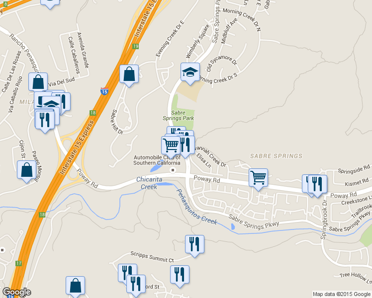 map of restaurants, bars, coffee shops, grocery stores, and more near 12695 Sabre Springs Parkway in San Diego