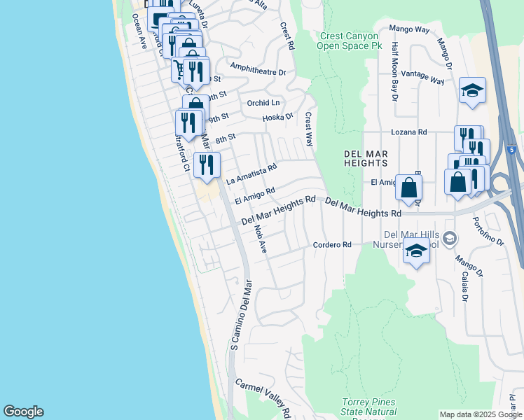 map of restaurants, bars, coffee shops, grocery stores, and more near 2122 Del Mar Heights Road in Del Mar