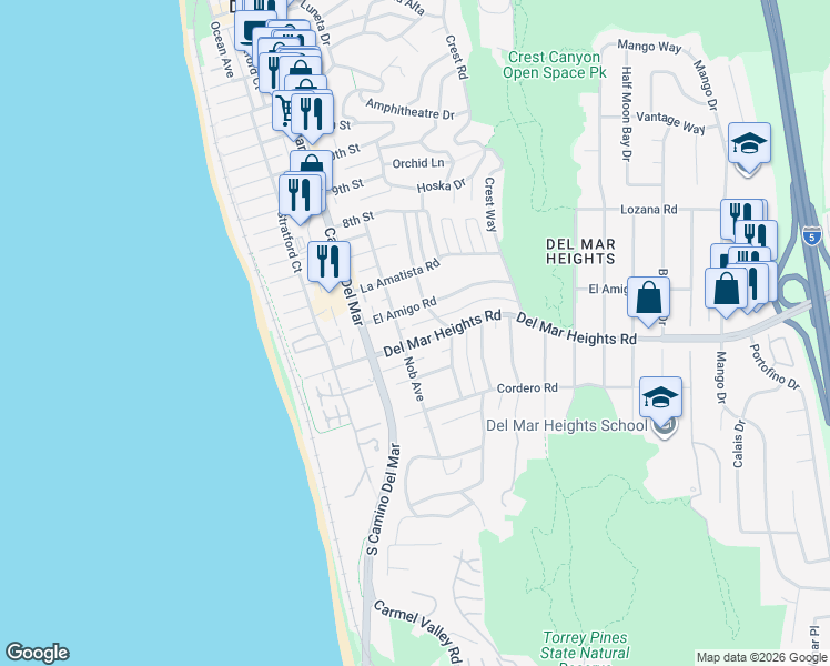 map of restaurants, bars, coffee shops, grocery stores, and more near 2112 Del Mar Heights Road in Del Mar