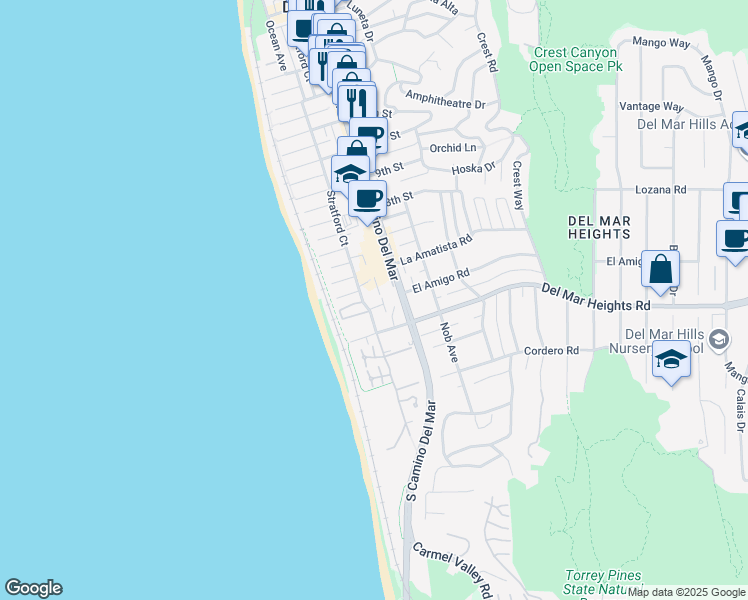 map of restaurants, bars, coffee shops, grocery stores, and more near 515 Stratford Court in Del Mar