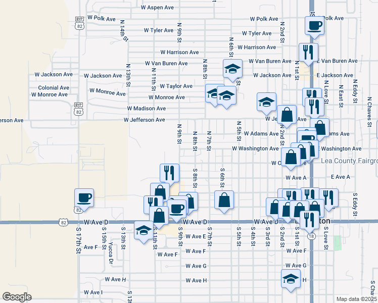 map of restaurants, bars, coffee shops, grocery stores, and more near 809 West Washington Avenue in Lovington