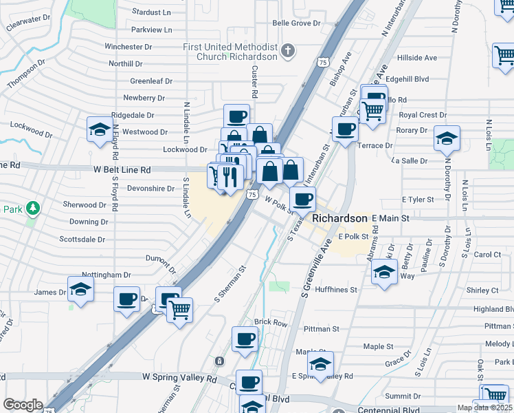 map of restaurants, bars, coffee shops, grocery stores, and more near 227 South Central Expressway in Richardson