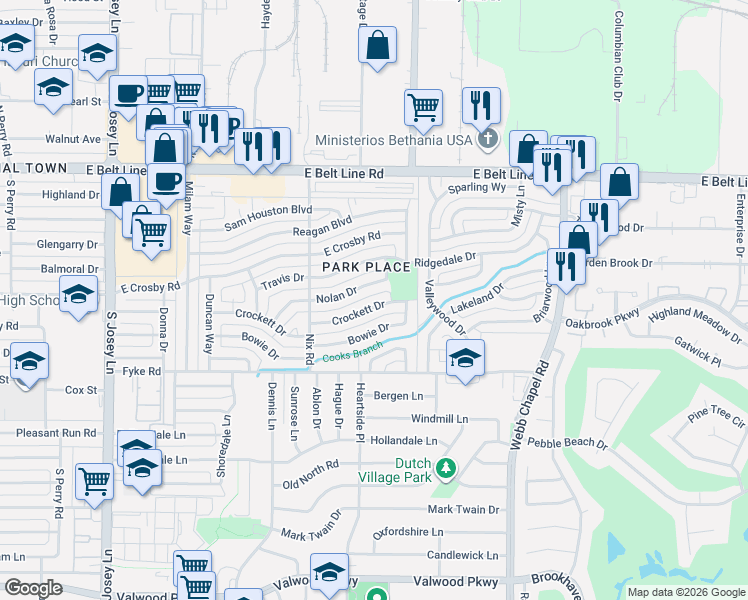map of restaurants, bars, coffee shops, grocery stores, and more near 2227 Crockett Drive in Carrollton