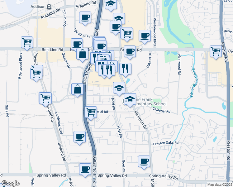 map of restaurants, bars, coffee shops, grocery stores, and more near 5225 Verde Valley Lane in Dallas