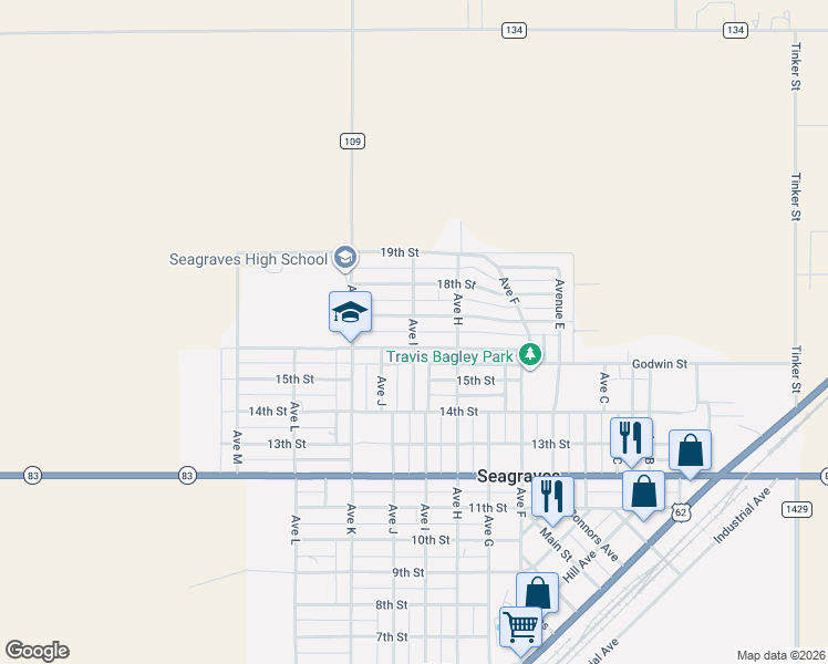 map of restaurants, bars, coffee shops, grocery stores, and more near 1599 Avenue I in Seagraves