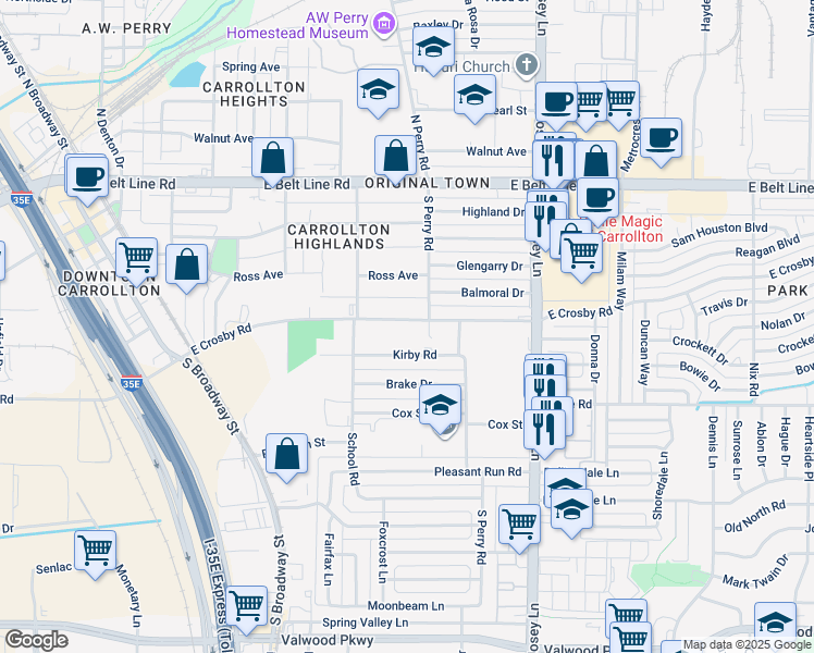 map of restaurants, bars, coffee shops, grocery stores, and more near 1720 East Crosby Road in Carrollton
