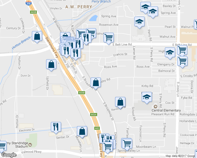 map of restaurants, bars, coffee shops, grocery stores, and more near 1530 Parkside Drive in Carrollton