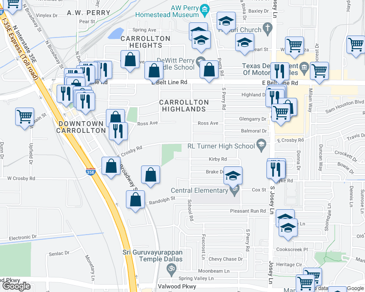 map of restaurants, bars, coffee shops, grocery stores, and more near 1624 East Crosby Road in Carrollton