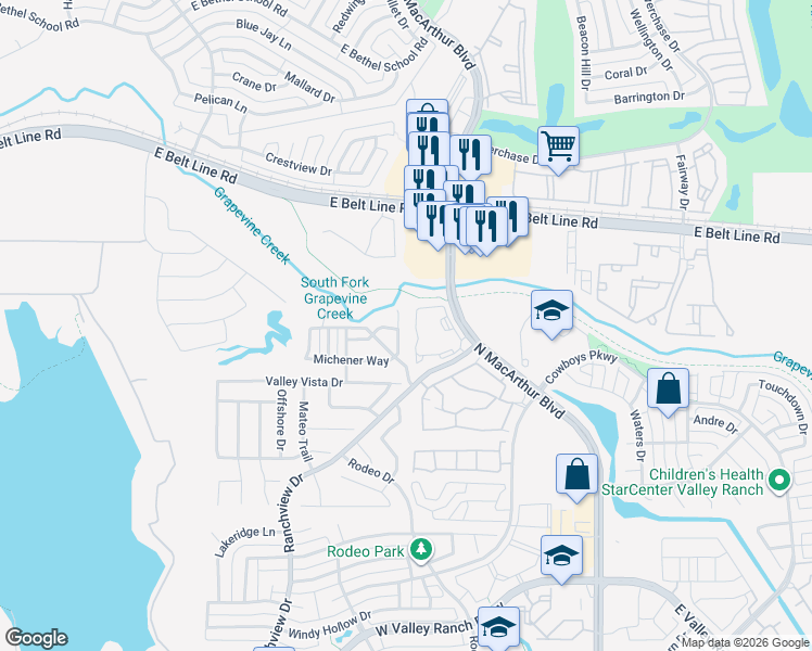 map of restaurants, bars, coffee shops, grocery stores, and more near 10600 Faulkner Point Way in Irving