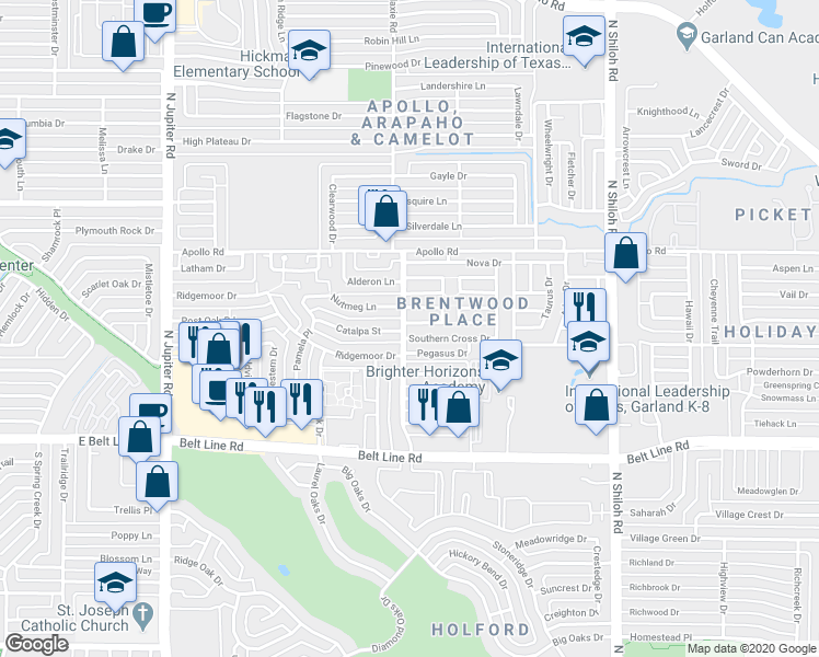 map of restaurants, bars, coffee shops, grocery stores, and more near 2968 Canis Circle in Garland