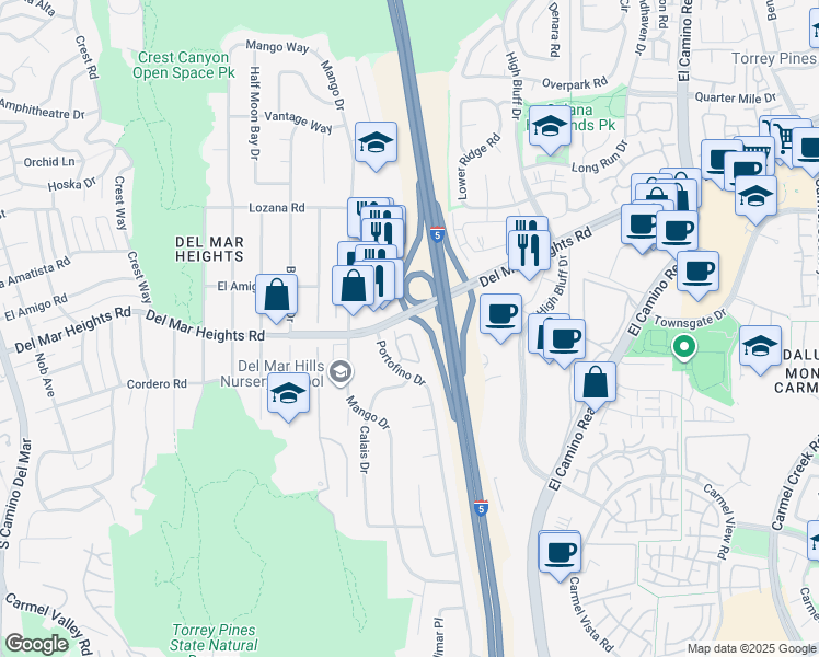 map of restaurants, bars, coffee shops, grocery stores, and more near 13778 Ruette Le Parc in Del Mar