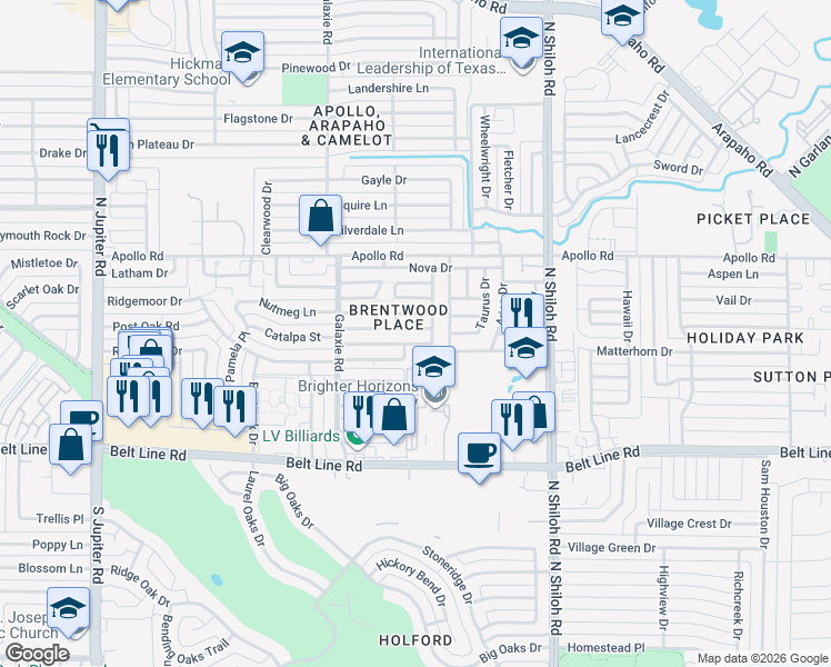 map of restaurants, bars, coffee shops, grocery stores, and more near 2856 Capella Circle in Garland