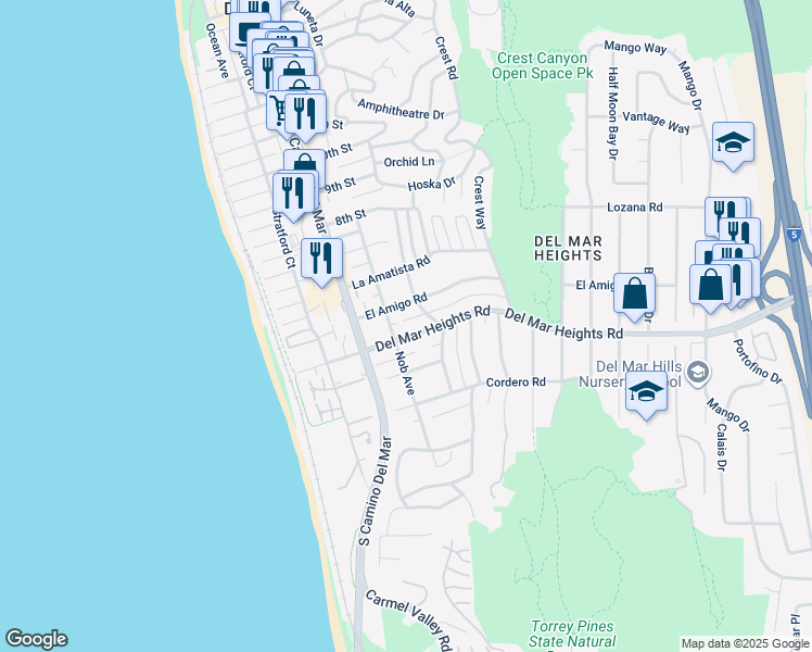 map of restaurants, bars, coffee shops, grocery stores, and more near 2122 Del Mar Heights Road in Del Mar